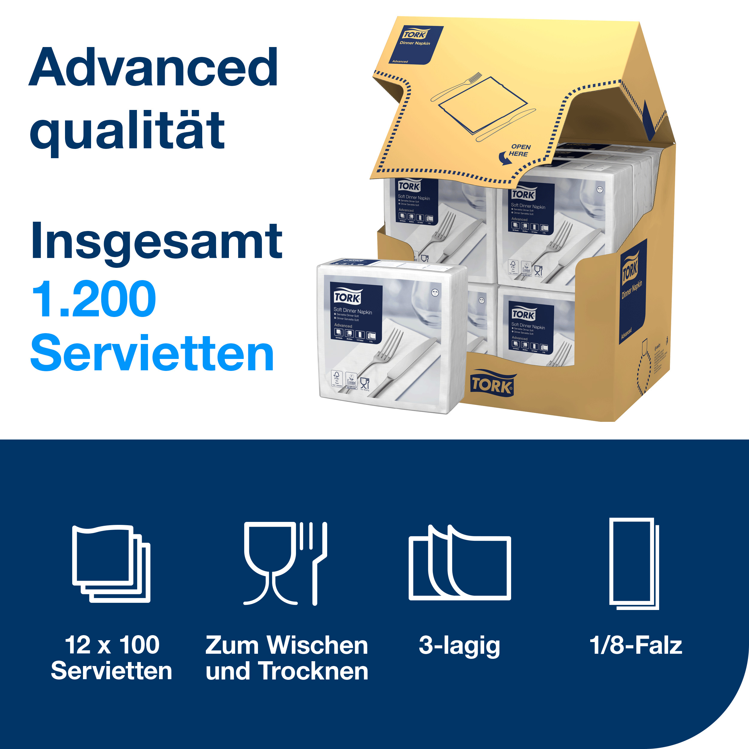 Dinnerservietten Soft weiß 3lg 39cm 1/8F